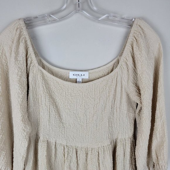 Gilli Cream Stretchy Textured Scoop Neck Puff Sleeves Pleated Relaxed Top Size S - Picture 3 of 5
